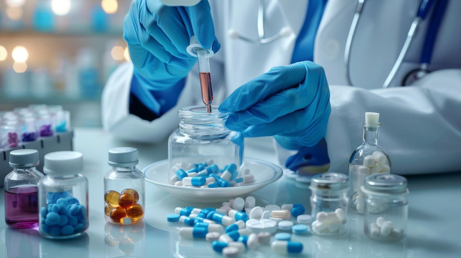 Gloved hands using pipette over scattered pills