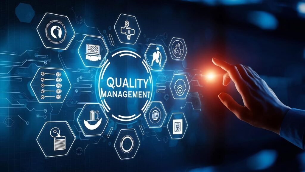 A hand reaching toward a glowing "Quality Management" hub encircled by digital icons
