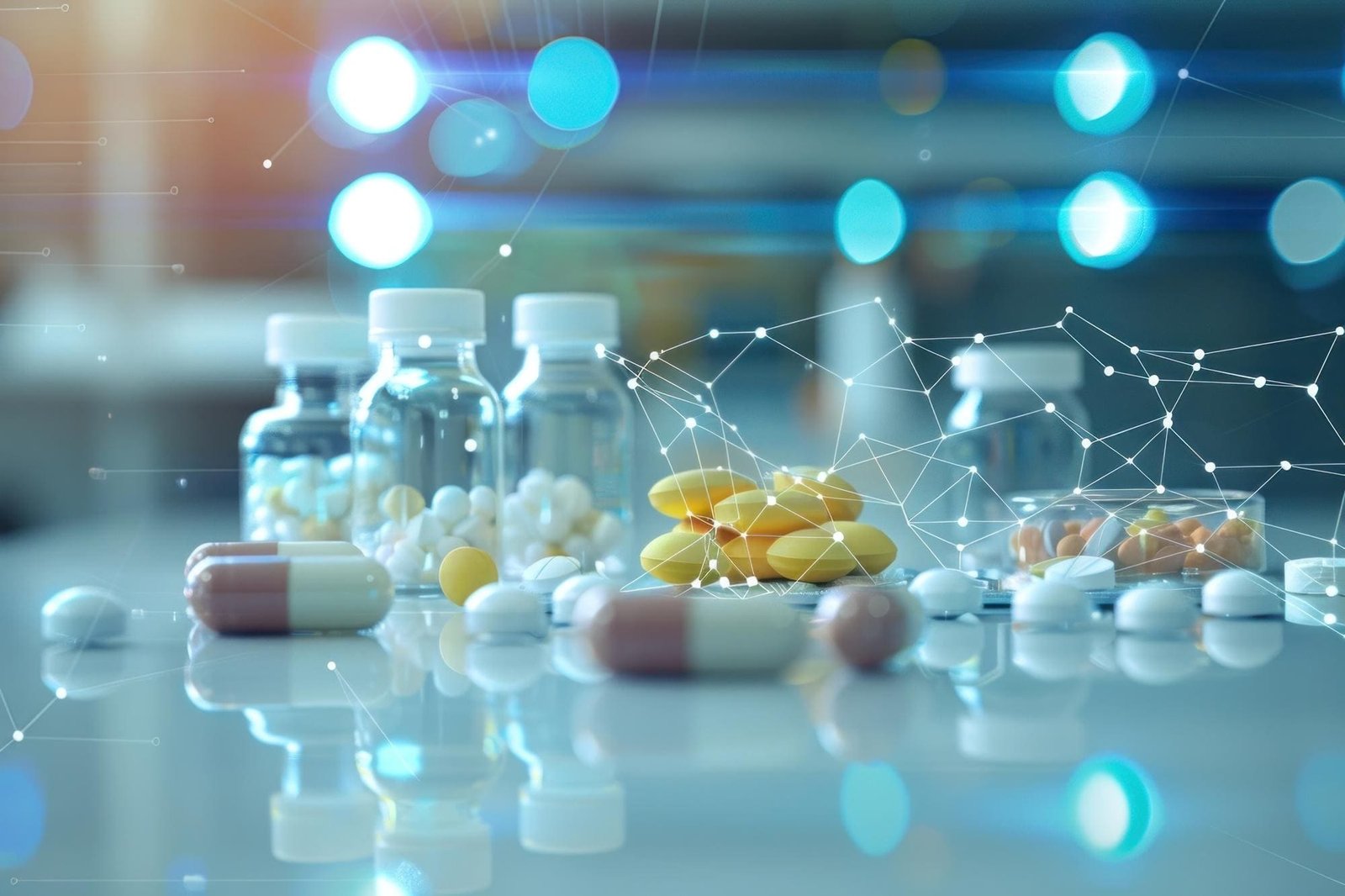 Medicine bottles and pills with digital data overlays.