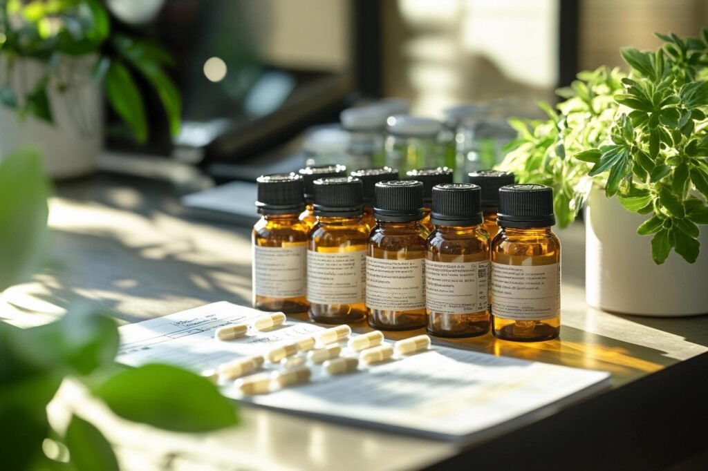 Small amber glass bottles and supplement capsules
