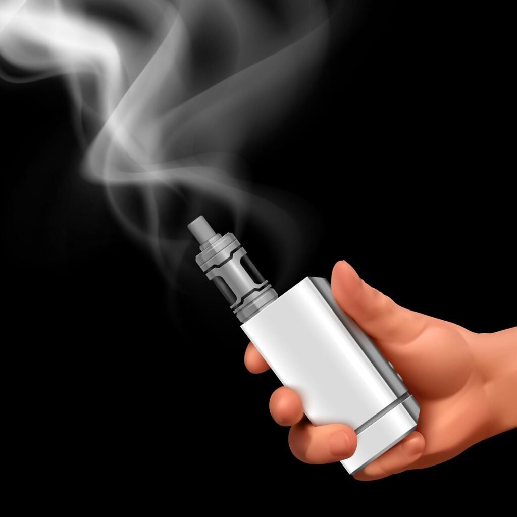 Hand holding vape device emitting white vapor