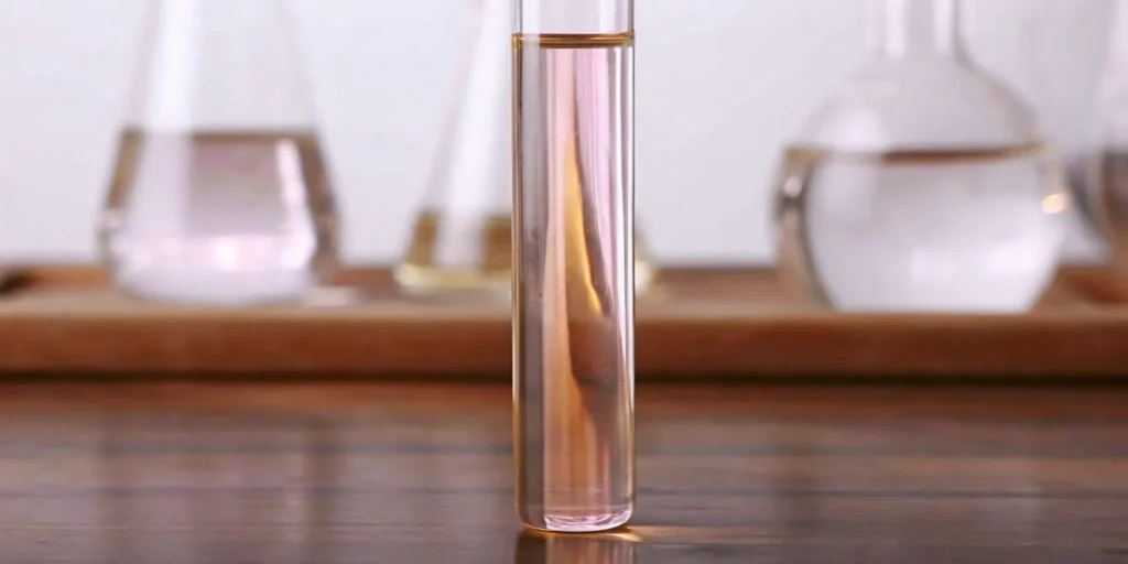 Test tube with pink liquid and flasks