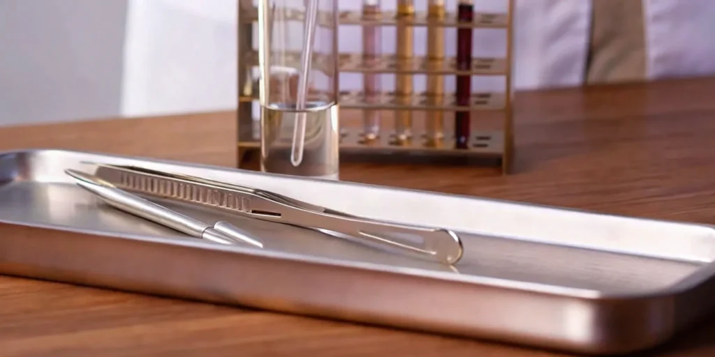 Surgical forceps and scalpel on metal tray