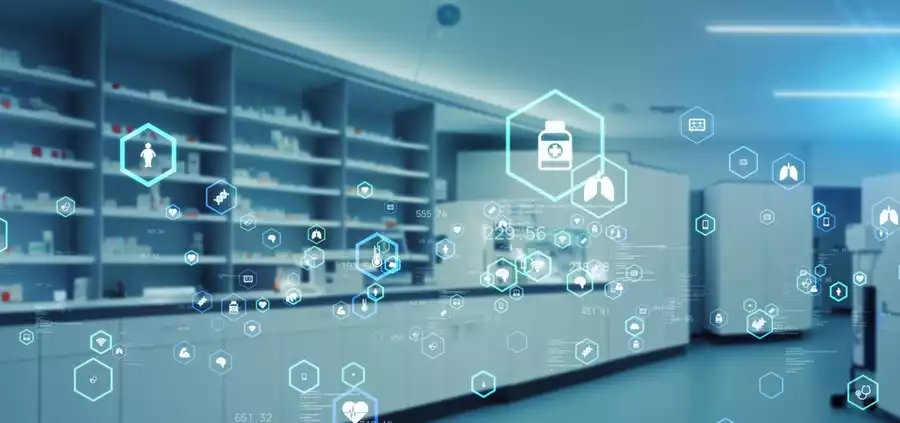 Futuristic drug icons on top of a clean pharmacy setting.