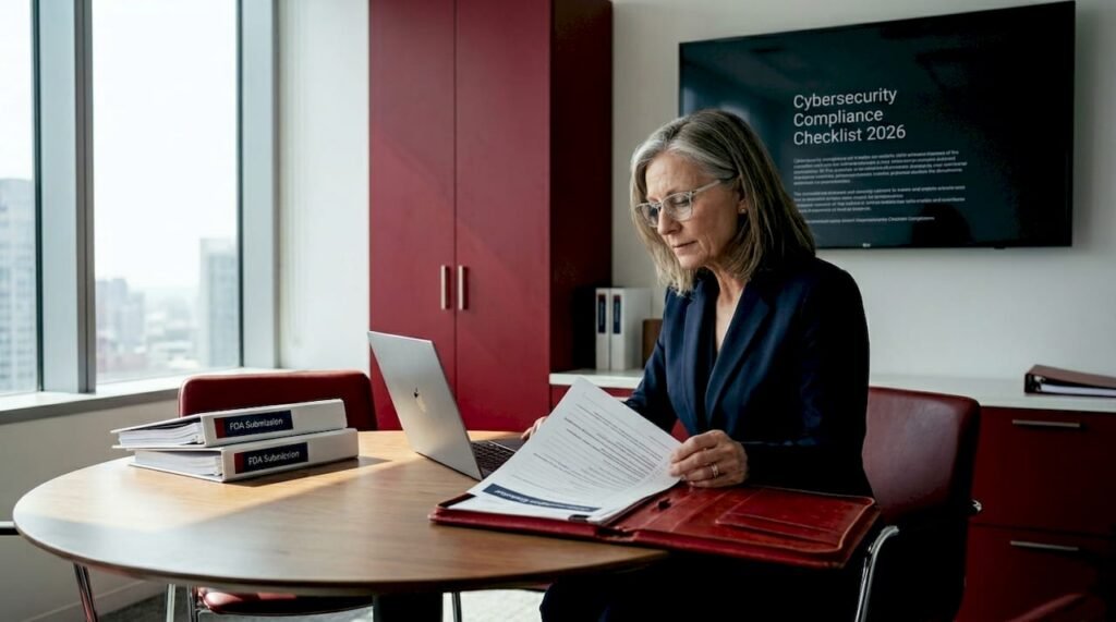Compliance officer reviews medical device checklist