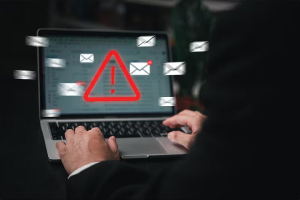 Laptop displaying phishing email warning